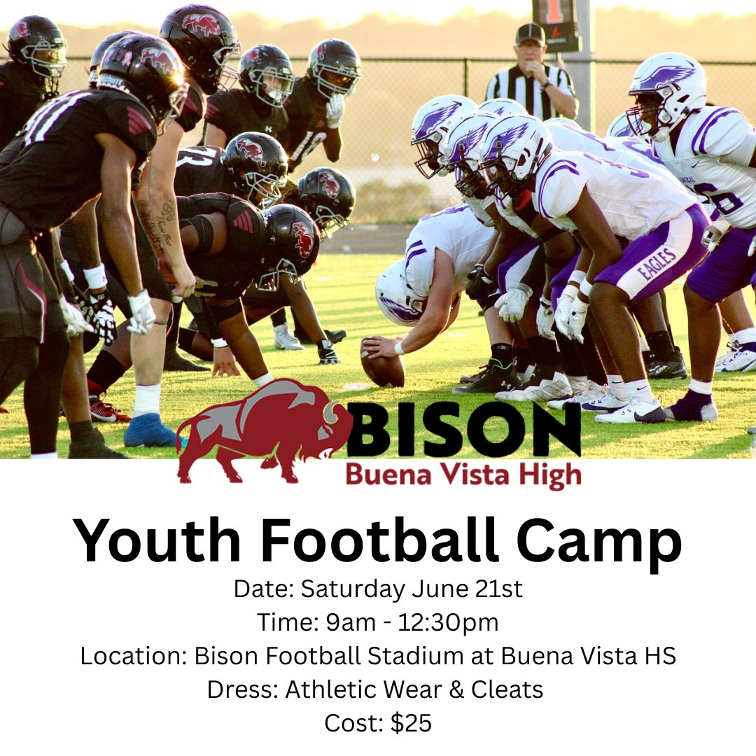 Don't miss out on the Buena Vista Youth Football Camp. Register here. bit.ly/3Zk1TMl
