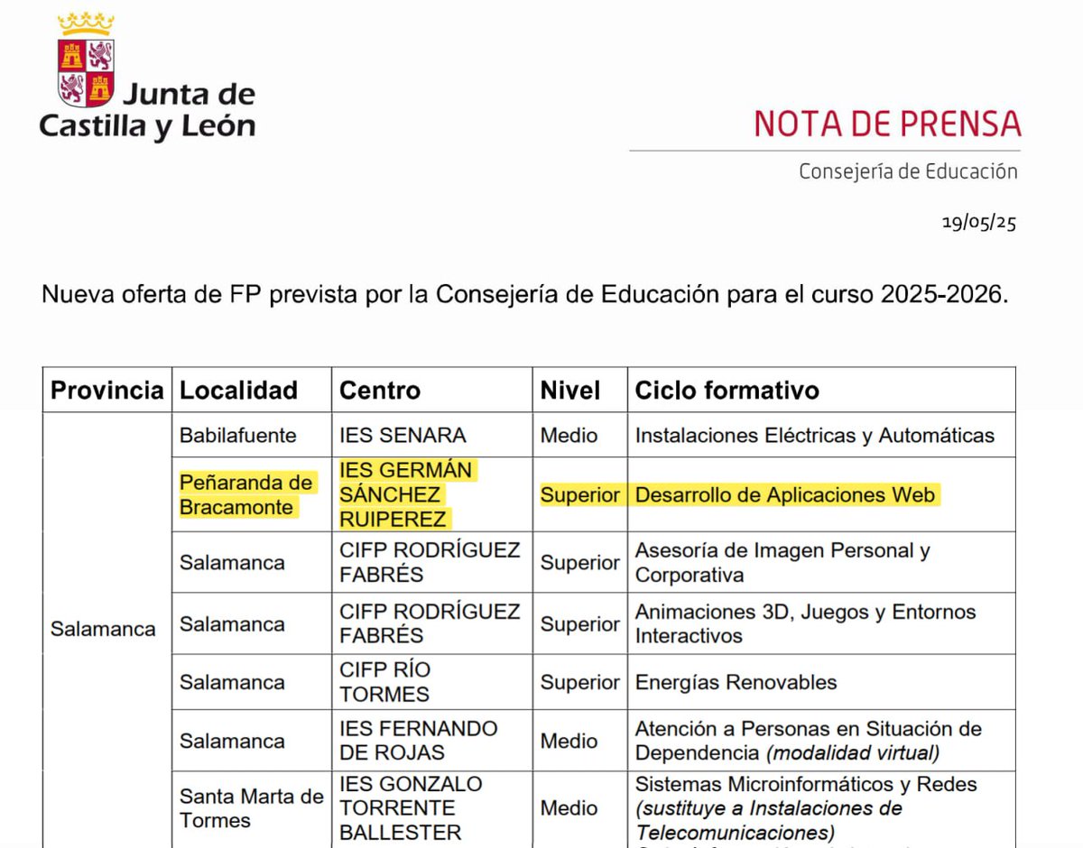 iesGermanSR's tweet photo. EL IES Germán Sánchez Ruipérez contará con el Ciclo de Grado Superior "Desarrollo de Aplicaciones Web" en su oferta formativa para el curso 2025-2026. https://t.co/lfrgTnIIlJ