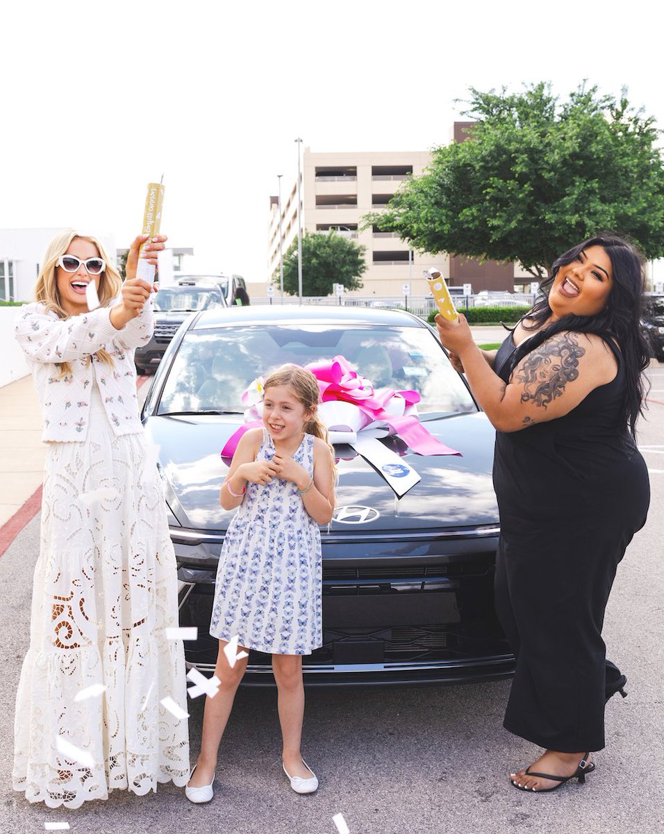 ParisHilton's tweet photo. When I saw Bibiana’s TikTok — her car destroyed, but her Sliving tumbler untouched — I was so moved 🥹  Her story stayed with me 💕 I learned more about Bibiana and found out she works with youth with special needs, is going to college, and supports herself independently 🙌 

I wanted to give a little of the sparkle that she brings into the world back into her life, so I flew to Texas to surprise her with a brand-new car 💫 🥰 With help from Carvana, we made it happen — and the look on her face said it all 🥹

I got to spend a little time with her family and friends, and every single person said the same thing: she deserves this 💘 And thanks to Hilton, she’s also getting a 3-night stay anywhere she chooses — a perfect reset before her next chapter 🫶🏻 💋💖