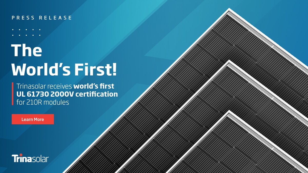 Trinasolar (@trinasolarus) on Twitter photo 🥇 Trinasolar's Vertex N 2000V high-voltage module became the 1st 210R module to receive UL 61730 2000V certification from <a href="/UL_Solutions/">UL Solutions</a>. This underscores the module's exceptional power output, high system voltage, & reliability.
Read more: bit.ly/4dwJxOe
#TrinasolarUS 🥇 Trinasolar's Vertex N 2000V high-voltage module became the 1st 210R module to receive UL 61730 2000V certification from <a href="/UL_Solutions/">UL Solutions</a>. This underscores the module's exceptional power output, high system voltage, & reliability.
Read more: bit.ly/4dwJxOe
#TrinasolarUS