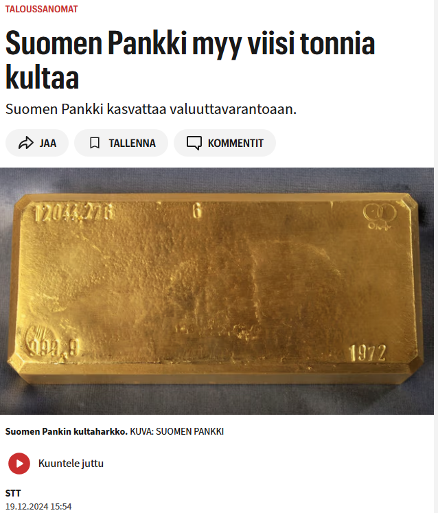 thlbr's tweet photo. 1. Suomen valtion 1889,1 bitcoinia olisivat nyt markkinahinnaltaan ~178,5 miljoonaa euroa.

Ne myytiin vuonna 2022 ja niistä saatiin ~46,5 miljoonaa euroa.

Ero: -132 miljoonaa euroa.

2. Suomen Pankki myi viime vuonna viisi tonnia kultaa ja sai siitä ~320 miljoonaa euroa.

Nyt hinta on 471 miljoonaa euroa.

Ero: -151 miljoonaa euroa.

Samaan aikaan "valuuttavarantoa kasvatetaan ostamalla pääosin Yhdysvaltain dollareita, mutta myös Englannin puntia ja Japanin jenejä".

3. "Aidosti Suomen edun mukaisen" EU:n elpymisvälineen maksuosuus Suomelle noin 7,2 miljardia euroa ja siitä palautuu enintään 2,6 miljardia euroa.

Alustava ero karkeasti -4,6 miljardia euroa.

Lopullinen ero? Todennäköisesti ~10 miljardia (korkomenoineen ja Suomi saa paketista hiluja).

Kyllä tämä vielä iloksi muuttuu! Käänne tulee ihan pian, kohta!