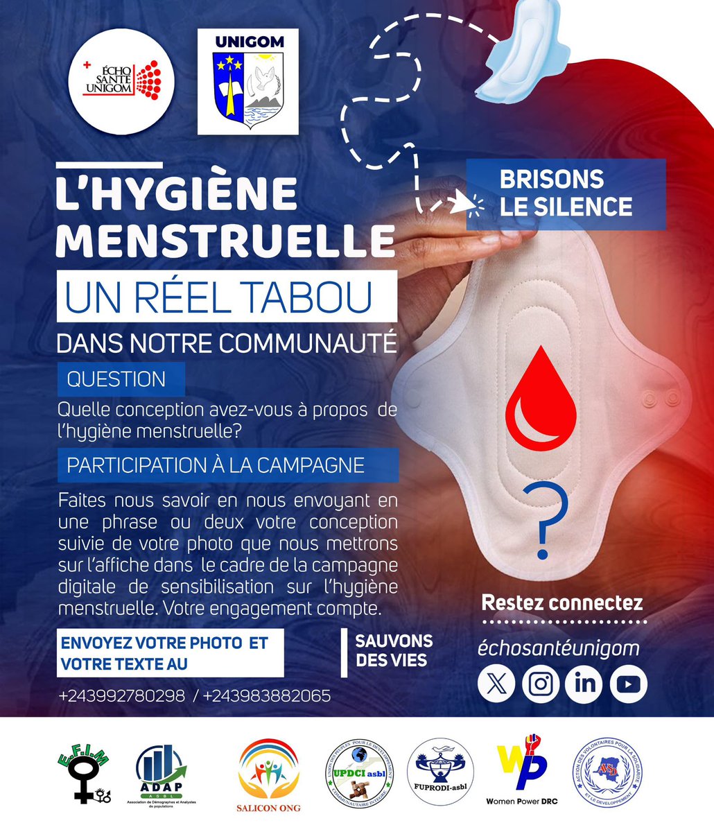 Unigom_RDC's tweet photo. #Santé: Le 28 mai, à l’occasion de la Journée mondiale de l’hygiène menstruelle, l’#UNiGoM et ses partenaires lancent une campagne dans les écoles et universités de Goma pour briser les tabous autour des règles.

#HygièneMenstruelle 
#BrisonsLeTabou 
#EchoSantéUNiGoM https://t.co/x0WsrdsN7r