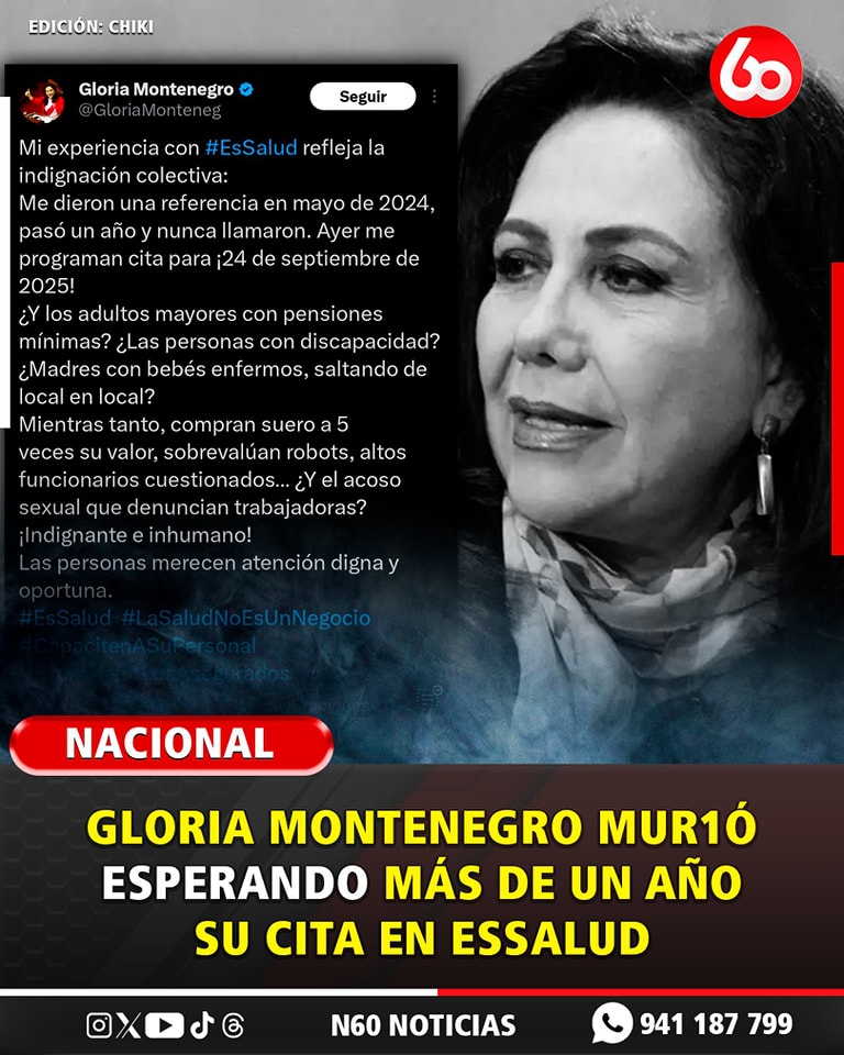 jonathansito20's tweet photo. La muerte de @GloriaMonteneg es culpa de @EsSaludPeru, llevó esperando una referencia más de 1 año, como sucede con muchos peruanos, esto se hubiera evitado con un diagnóstico y tratamiento a tiempo, uno de sus post fue al respecto, todo el sistema de salud en una crisis 👎. https://t.co/rP7QdfhT0x