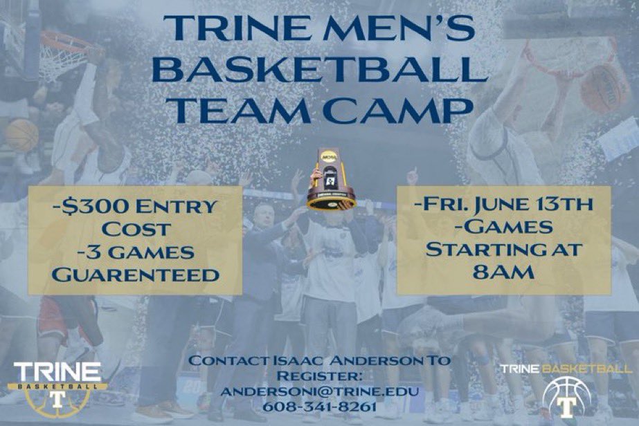 Pete Smith (@petesmith_30) on Twitter photo Trine One day Team Camp!
June 13th. Spots are filling up! Please dm me or email me at smithp@trine.edu ! Trine One day Team Camp!
June 13th. Spots are filling up! Please dm me or email me at smithp@trine.edu !