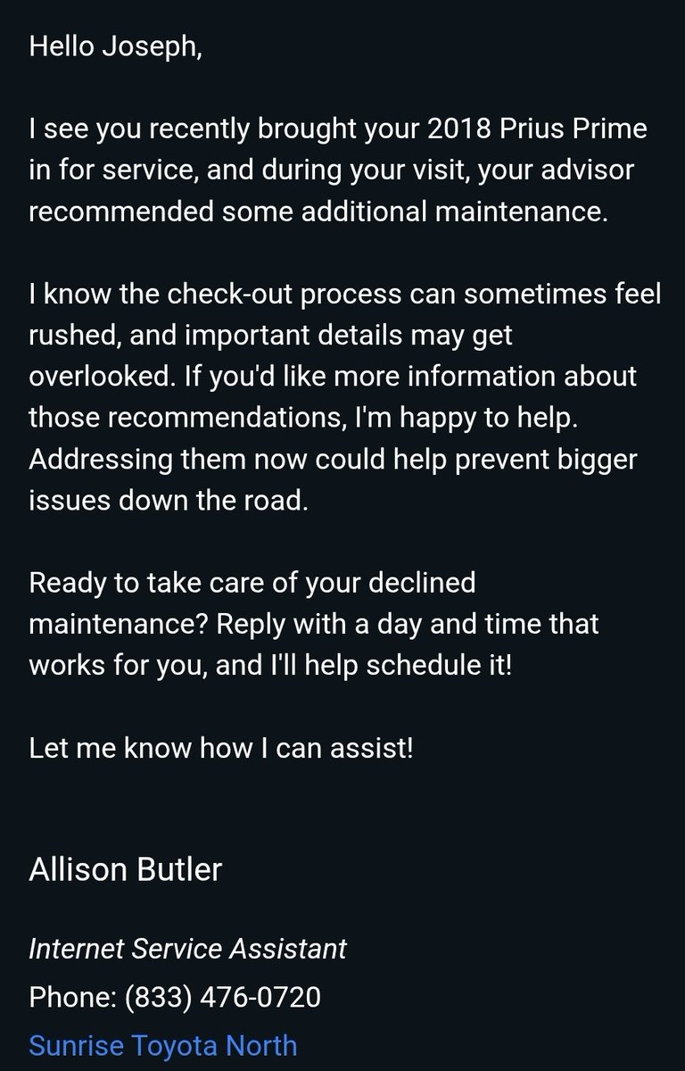 JoeteckTips's tweet photo. Don't be fooled by #SunriseToyotaNorth #TOYOTA unnecessary #fake recommended maintenance for a #money grab. 
#TOYOTAHQ https://t.co/eoaWRlSYLD