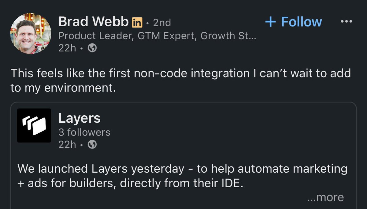 uselayers's tweet image. We feel the same, Brad!
“This feels like the first non-code integration I can't wait to add to my environment.”