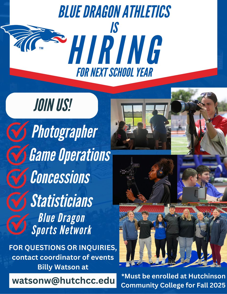 Looking to work in and around athletics this fall? We've got some great gigs for incoming and returning HutchCC students!

Join the Blue Dragon Athletics students staff where you can assist in running our athletic events!🐉#BreatheFire