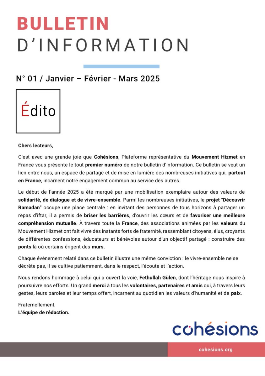 Nous avons le plaisir de vous annoncer la publication de notre premier bulletin d’information. Retrouvez-y nos actualités, projets en cours et perspectives. 

Bonne lecture ! ↩️

cohesions.org/actualites/bul…