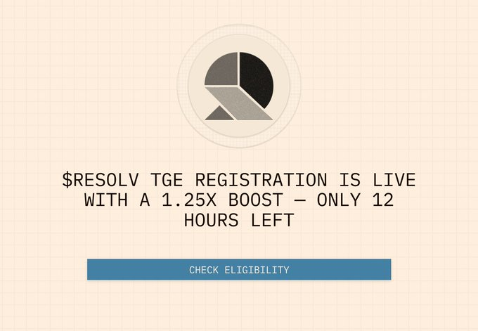 ResolvUSR's tweet photo. @pendle_fi @ResolvLabs $RESOLV T.G.E Registration is now open, offering a 1.25x boost on $USDe and Stakings. 

Sign up by May 16, 2025, to receive $RESOLV and $USDe. 

Visit https://t.co/5466EoPCqf for more details. https://t.co/H1oW936jZW