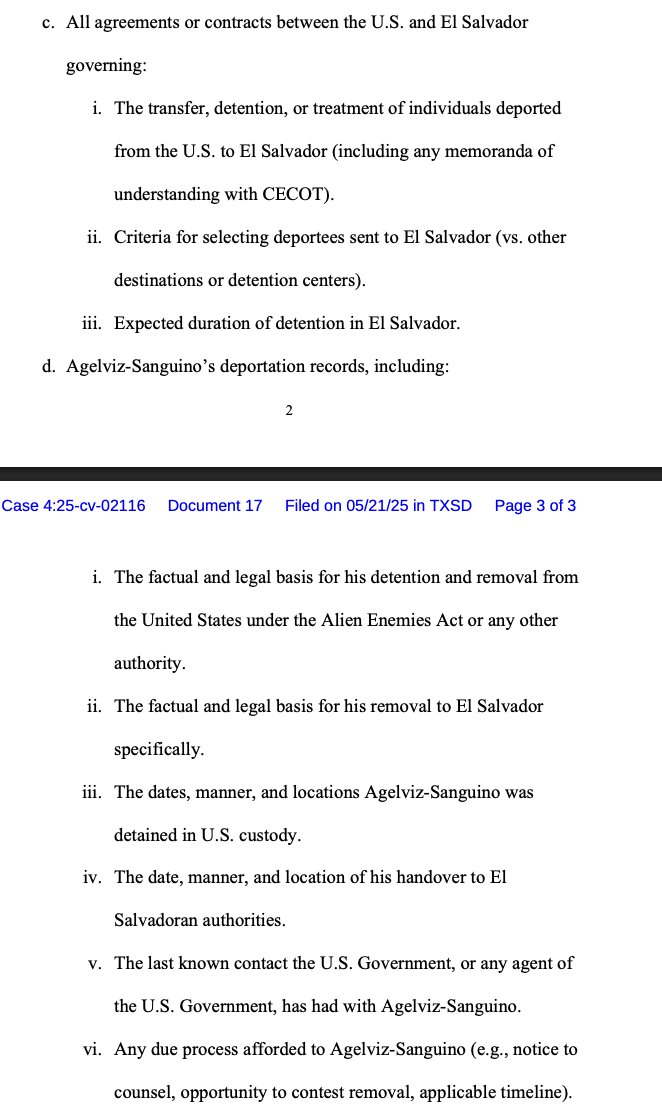 kyledcheney's tweet image. A federal judge in Texas is turning the screws on the Trump administration to reveal extensive details about its Alien Enemies Act deportations and arrangements with El Salvador.
Would expect an appeal or mandamus effort from the govt imminently.
storage.courtlistener.com/recap/gov.usco…