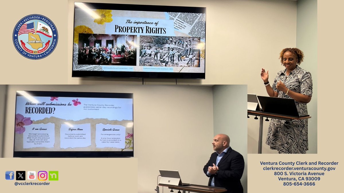 VCClerkRecorder's tweet image. We had the pleasure of speaking to the VCEA last night. County Clerk-Recorder Michelle Ascencion, and Donny LaQue, Clerk-Recorder Division Manager, gave a presentation on real estate document recording, best practices and more, to the group. Thank you for the invite!