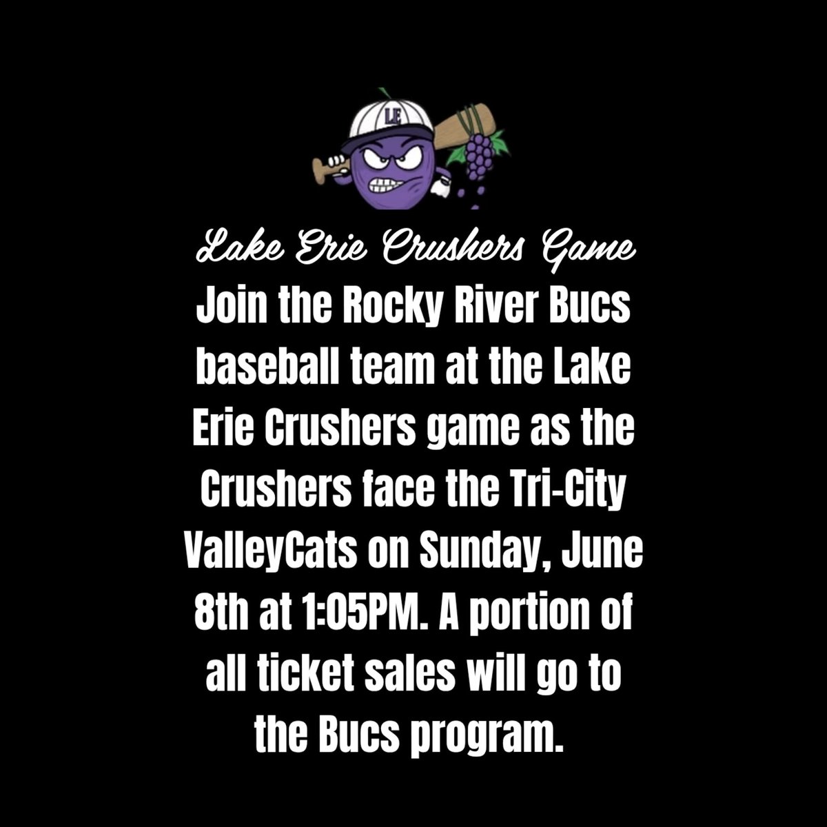 Join the Rocky River Bucs baseball team at the Lake Erie Crushers game as the Crushers face the Tri-City ValleyCats on Sunday, June 8th!! Link for tickets here:
gofevo.com/event/Rockyriv…