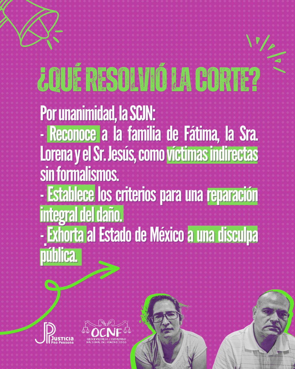 JustProPersona's tweet image. 📢Un precedente histórico
La Suprema Corte dicta una sentencia con vocación transformadora que reconoce a las familias desplazadas por feminicidio como víctimas indirectas y ordena su reparación integral 🙌🏾
#JusticiaParaFatima #JusticiaParaFamilias