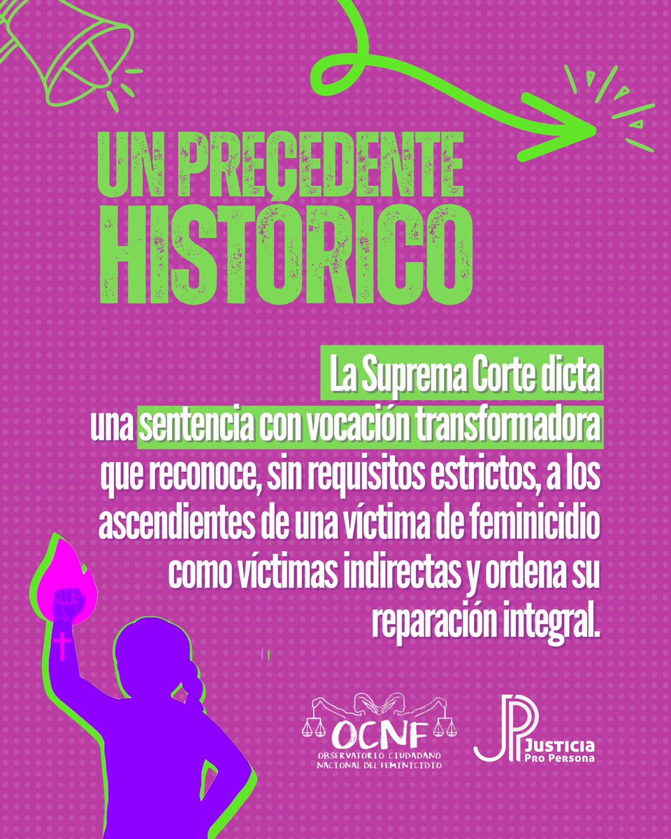JustProPersona's tweet image. 📢Un precedente histórico
La Suprema Corte dicta una sentencia con vocación transformadora que reconoce a las familias desplazadas por feminicidio como víctimas indirectas y ordena su reparación integral 🙌🏾
#JusticiaParaFatima #JusticiaParaFamilias