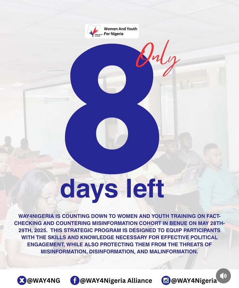 8 dats left to our training in Makurdi on Fact-Checking and Countering Misinformation.

Be there! ✊
