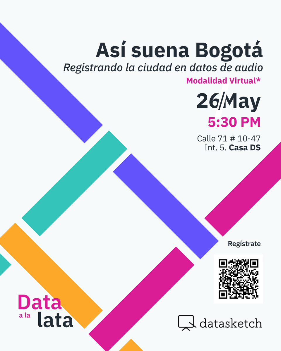 datasketchlab's tweet photo. ¿Te imaginas mapear Bogotá a través de sus sonidos? Este lunes en Data a la Lata te contamos cómo puedes unirte a una iniciativa colectiva para recolectar sonidos del espacio público y así, construir un mapa sonoro de la ciudad. 📅 Evento virtual  https://t.co/ie4qdvmtxs https://t.co/tf7Oar2Slh