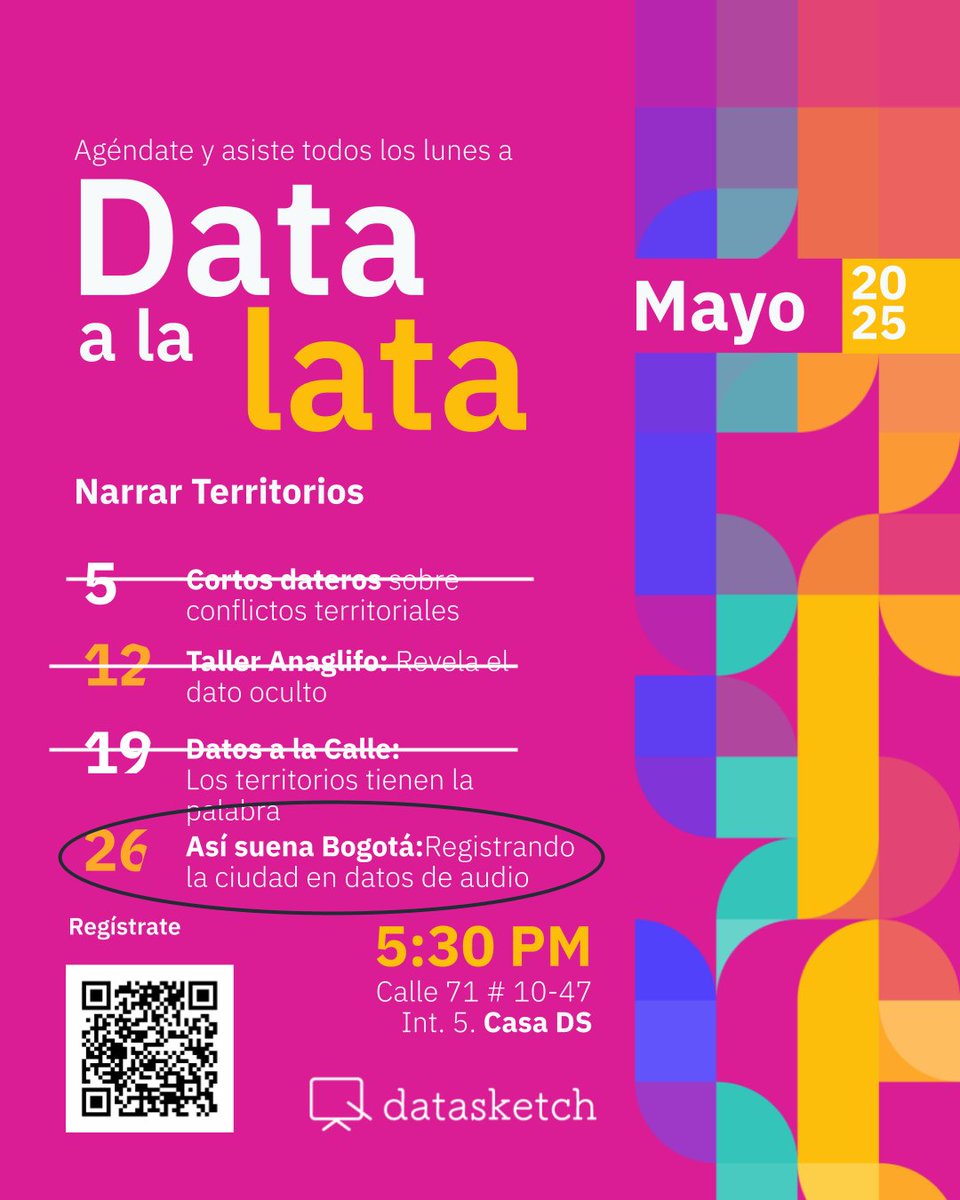 ¿Te imaginas mapear Bogotá a través de sus sonidos? Este lunes en Data a la Lata te contamos cómo puedes unirte a una iniciativa colectiva para recolectar sonidos del espacio público y así, construir un mapa sonoro de la ciudad. 📅 Evento virtual  bit.ly/44kd23m#Sonidos