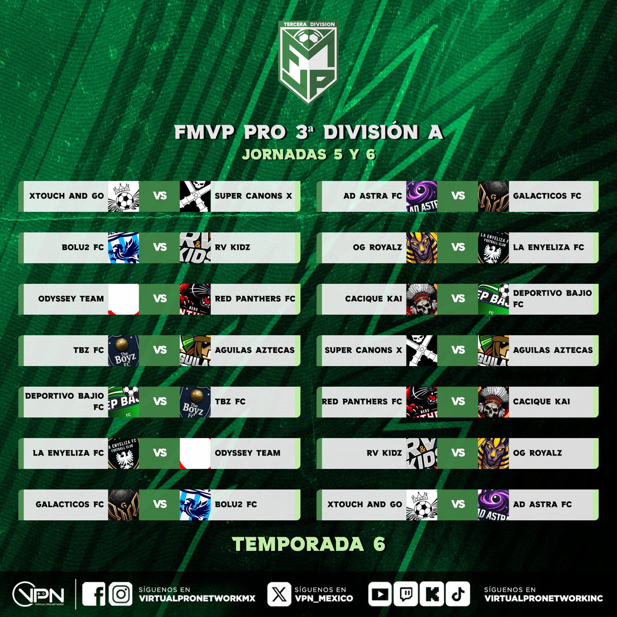 VPN_MEXICO's tweet photo. Después de unos entretenidos juegos de Picudos CD el día de ayer, hoy seguimos con la actividad de FMVP PRO con las Jornadas 5 y 6.

¿Quiénes son tus favoritos para los juegos de hoy?

Déjanos saber en los comentarios ✍

#fmvppro #LigasVPN #vpnmexico #eafc25 #VirtualProNetwork #ClubesPro #matchday #ProClubs