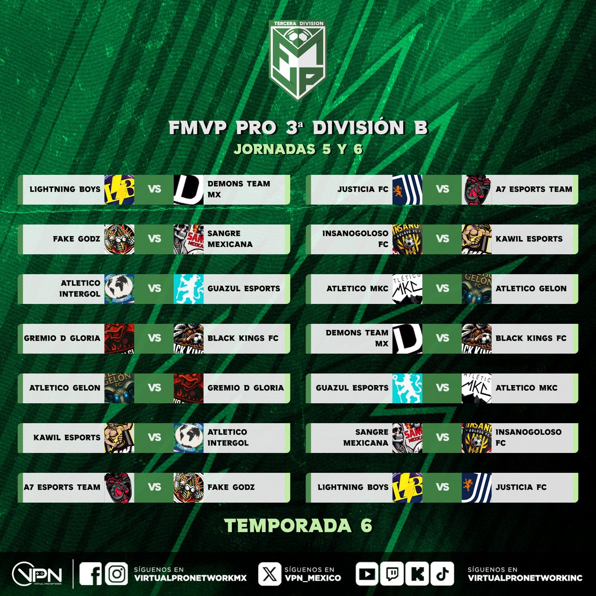 VPN_MEXICO's tweet photo. Después de unos entretenidos juegos de Picudos CD el día de ayer, hoy seguimos con la actividad de FMVP PRO con las Jornadas 5 y 6.

¿Quiénes son tus favoritos para los juegos de hoy?

Déjanos saber en los comentarios ✍

#fmvppro #LigasVPN #vpnmexico #eafc25 #VirtualProNetwork #ClubesPro #matchday #ProClubs