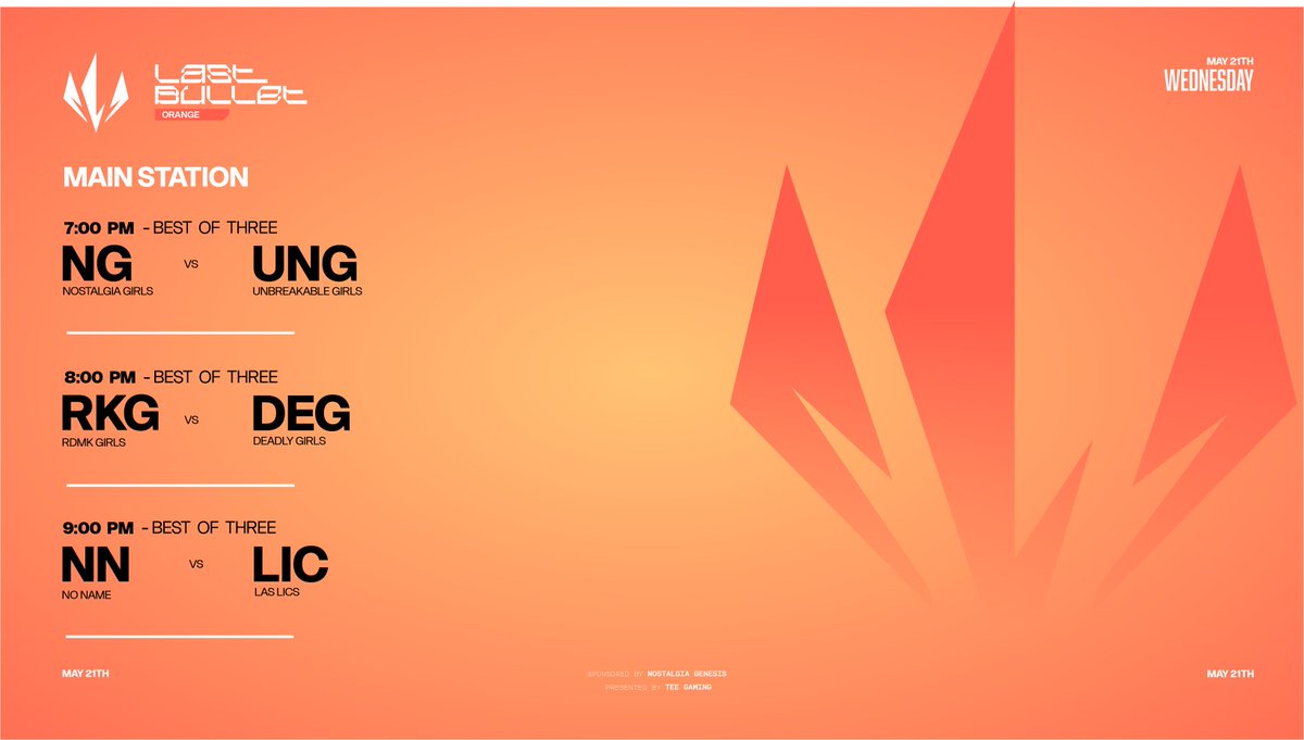 Tee Gaming (@teegamingorg) on Twitter photo Last Bullet: Orange 🟠
Estamos por comenzar🫡
🌷🌷🌷🌷
Main Station:
twitch.tv/teegamingorg
<a href="/NostalgiaGnesis/">𝐍𝐨𝐬𝐭𝐚𝐥𝐠𝐢𝐚</a> vs <a href="/uN_eSports_Gow/">uNbreakable eSports</a> Girls
7:00 pm Mex
<a href="/TeamRDMK/">Team RDMK</a> Girls vs <a href="/DeadIyEsports/">Deadly Esports</a> Girls
8:00 pm Mex
#NN ( SONRISITAS) Girls vs <a href="/LosLics/">Los Lics</a> Girls
9:00 pm Mex
Talento:🎧🎙️ Last Bullet: Orange 🟠
Estamos por comenzar🫡
🌷🌷🌷🌷
Main Station:
twitch.tv/teegamingorg
<a href="/NostalgiaGnesis/">𝐍𝐨𝐬𝐭𝐚𝐥𝐠𝐢𝐚</a> vs <a href="/uN_eSports_Gow/">uNbreakable eSports</a> Girls
7:00 pm Mex
<a href="/TeamRDMK/">Team RDMK</a> Girls vs <a href="/DeadIyEsports/">Deadly Esports</a> Girls
8:00 pm Mex
#NN ( SONRISITAS) Girls vs <a href="/LosLics/">Los Lics</a> Girls
9:00 pm Mex
Talento:🎧🎙️