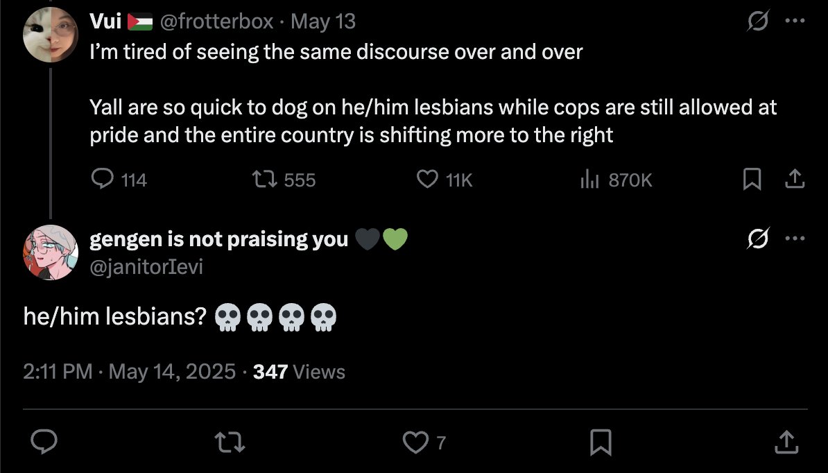hey so just so everyone is aware @/janitoryIevi has spread a lot of transphobic rhetoric in their replies and i think people deserve to know if they are following a transphobe