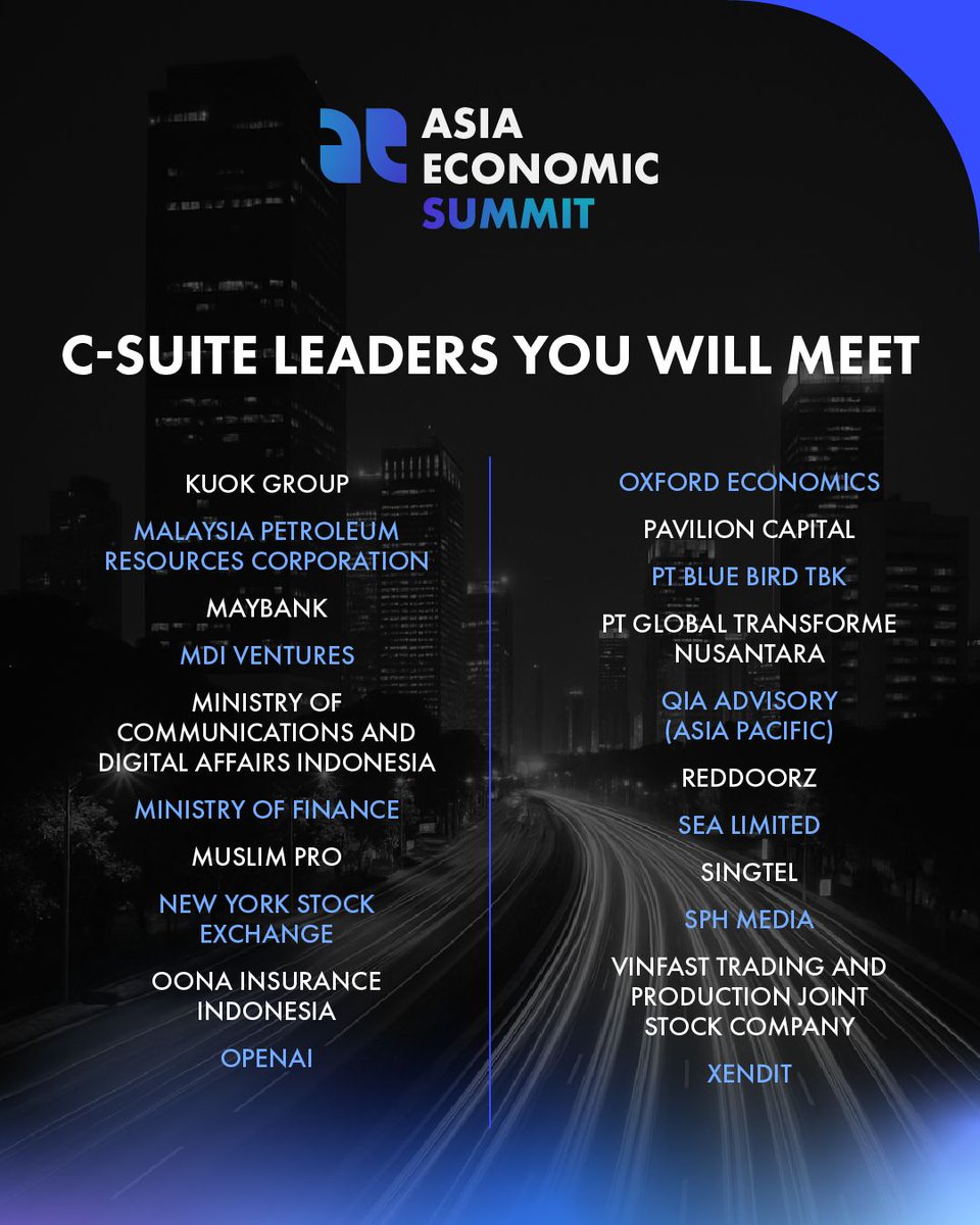 techinasia's tweet photo. Where will you find senior leaders from OpenAI, Goldman Sachs, the New York Stock Exchange, and Asia’s top ministries - all in one room? At #AsiaEconomicSummit, you’ll connect with CEOs, chief economists, senior government officials and more. https://t.co/R9ZOqOd8AD https://t.co/PivC944tLI