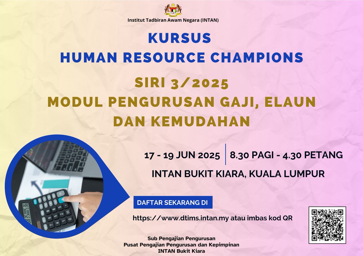 𝐊𝐔𝐑𝐒𝐔𝐒 𝐇𝐔𝐌𝐀𝐍 𝐑𝐄𝐒𝐎𝐔𝐑𝐂𝐄 𝐂𝐇𝐀𝐌𝐏𝐈𝐎𝐍𝐒 (𝐇𝐑𝐂) 𝐒𝐈𝐑𝐈 𝟑/𝟐𝟎𝟐𝟓: 𝐌𝐎𝐃𝐔𝐋 𝐏𝐄𝐍𝐆𝐔𝐑𝐔𝐒𝐀𝐍 𝐆𝐀𝐉𝐈, 𝐄𝐋𝐀𝐔𝐍 𝐃𝐀𝐍 𝐊𝐄𝐌𝐔𝐃𝐀𝐇𝐀𝐍

💎Pendaftaran dan maklumat lanjut mengenai kursus ini boleh dibuat melalui pautan
dtims.intan.my/detail_course/…