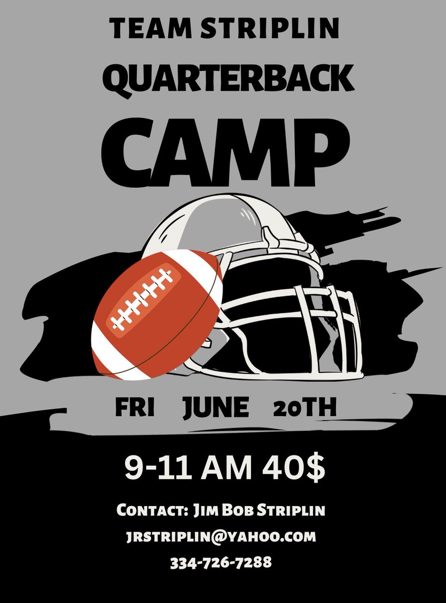 Calling all Quarterbacks for my 15th annual camp!! Friday, June 20th from 9-11 at Radford park in Hartford, Al! #QBtraining #Footballtraining #Quarterbacks #Footballcamp #Summercamp