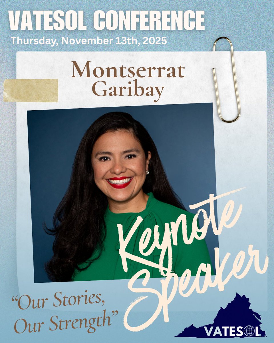 2025 VATESOL Conference proudly introduces one of our extraordinary Keynote Speakers: Montserrat Garibay <a href="/Montserrat_EDU/">Montserrat Garibay</a> -<a href="/NABEorg/">NABE- National Association for Bilingual Education</a> Eastern Region Representative and former Assistant Deputy Secretary and Director for the Office of English Language Acquisition! 🎉 
#Advocate4MLs