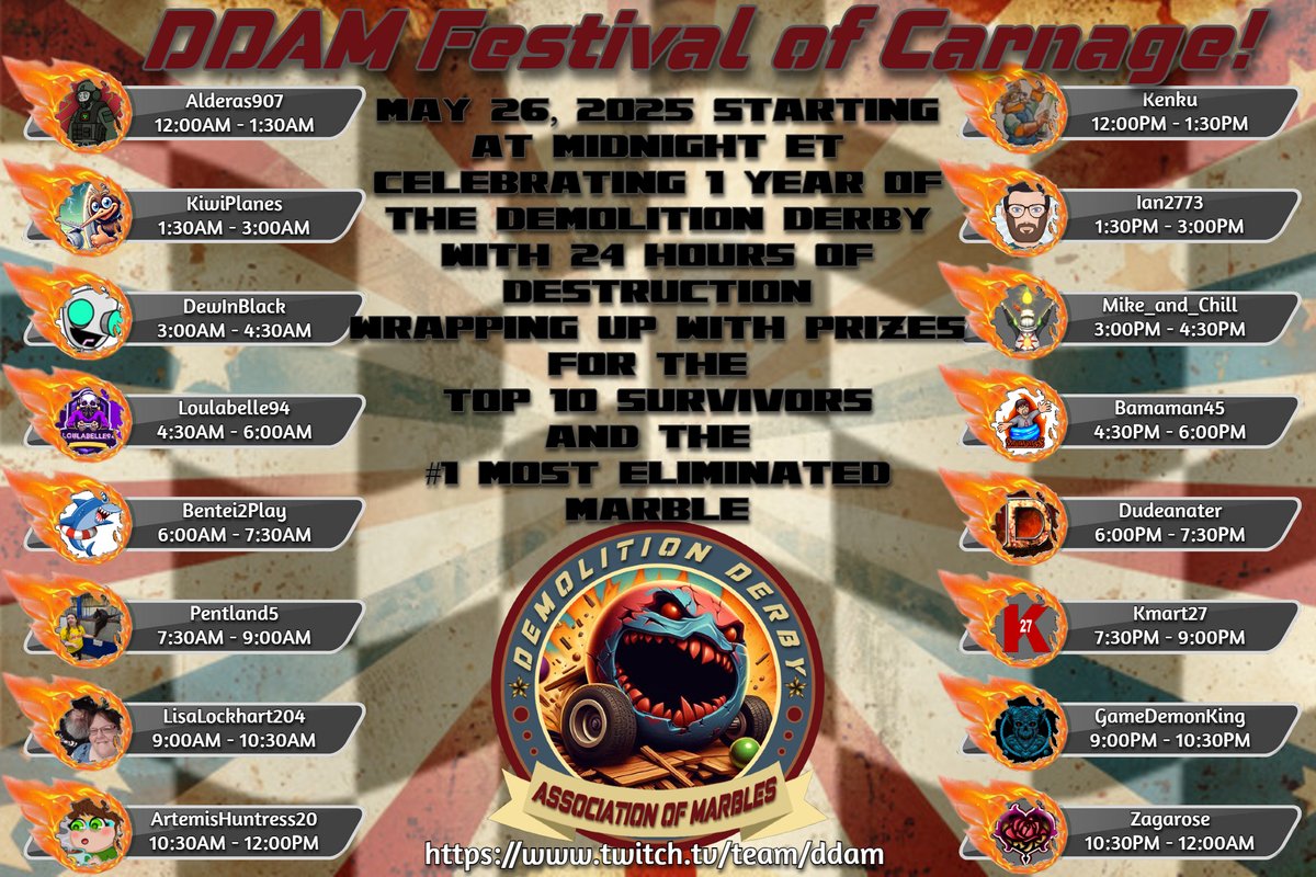 It is almost time to celebrate 1 full year of the DDAM! We started this adventure with just 12 host we are now at 55. We had just 400 total participants over a season. We now have over 1000! I think it is time for a Festival of Carnage! 24 hours of destruction! <a href="/UnknownMarbler/">Unknown Marbler</a>
