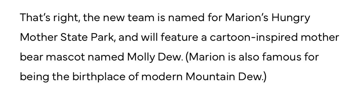 Matt Lindner (@mattlindner) on Twitter photo So the <a href="/hungrymothersbb/">Marion Hungry Mothers</a> summer collegiate baseball team are named for a state park and have a mascot named after Mountain Dew. America! So the <a href="/hungrymothersbb/">Marion Hungry Mothers</a> summer collegiate baseball team are named for a state park and have a mascot named after Mountain Dew. America!