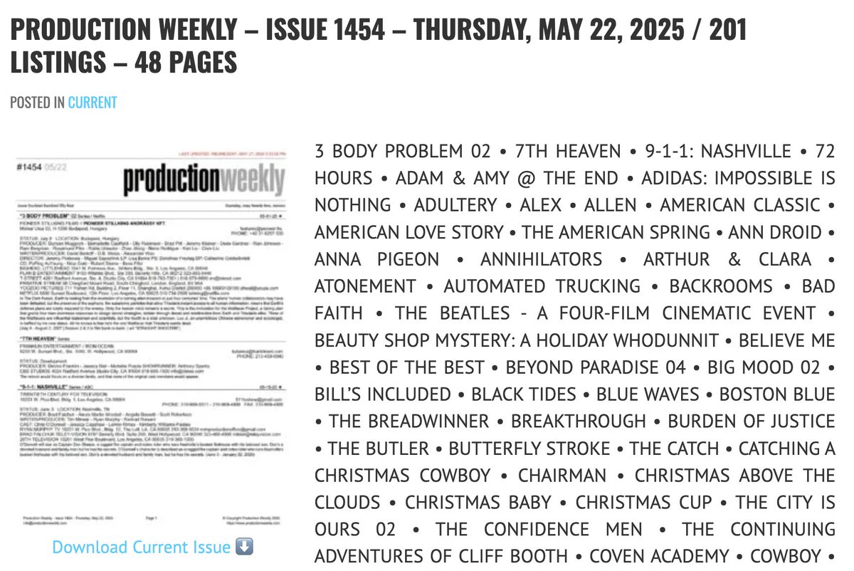 Production Weekly - Issue 1454 - Thursday, May 22, 2025 / 201 Listings - 48 Pages

Download Current Issue ⬇️

productionweekly.com/production-wee…