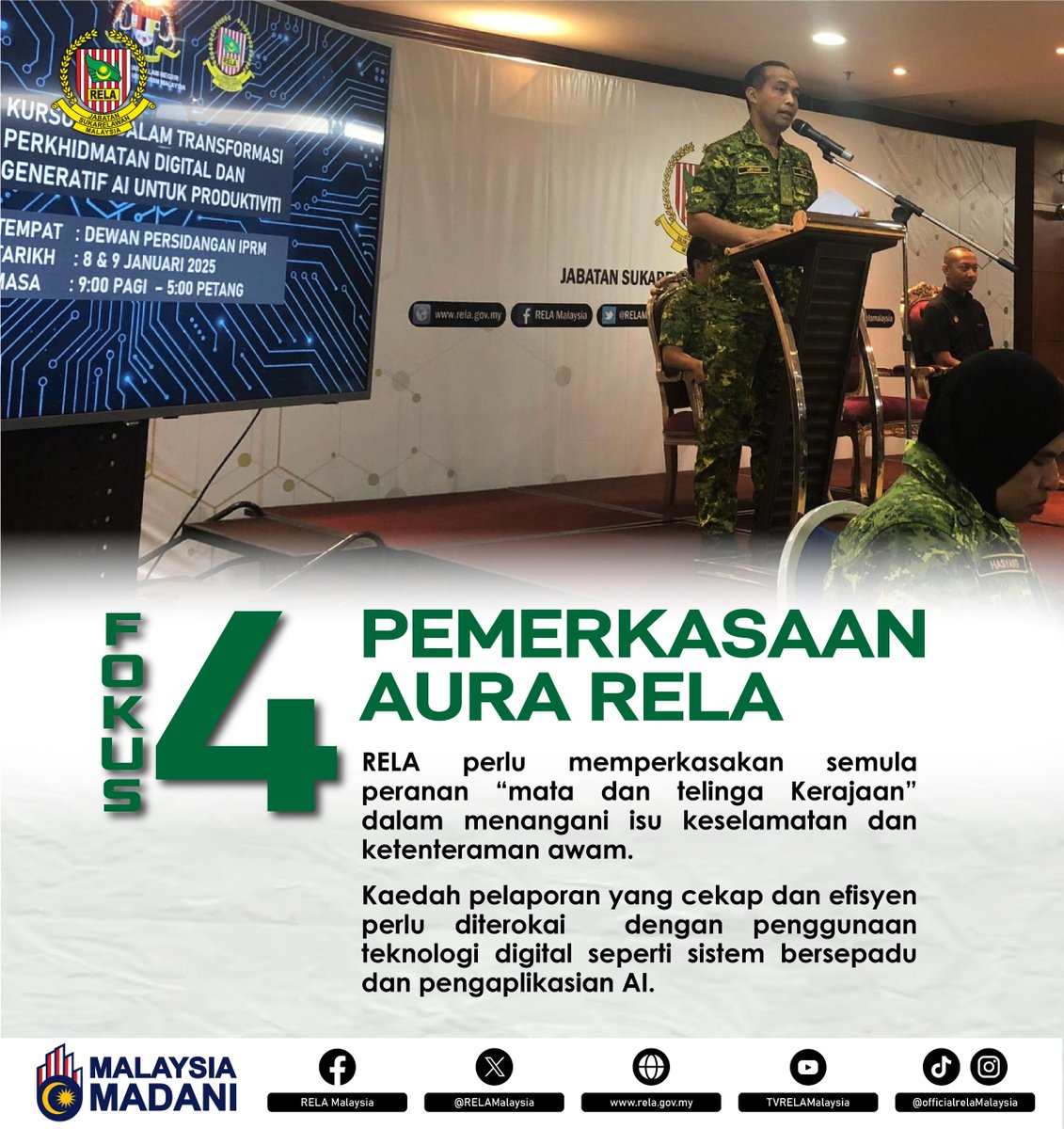 𝐋𝐈𝐌𝐀 𝐅𝐎𝐊𝐔𝐒 𝐔𝐓𝐀𝐌𝐀 𝐑𝐄𝐋𝐀 𝟐𝟎𝟐𝟓
𝑆𝑡𝑟𝑎𝑡𝑒𝑔𝑖 𝑑𝑎𝑛 𝑃𝑒𝑙𝑎𝑛 𝑇𝑖𝑛𝑑𝑎𝑘𝑎𝑛 𝑈𝑛𝑡𝑢𝑘 𝑀𝑒𝑚𝑝𝑒𝑟𝑘𝑎𝑠𝑎𝑘𝑎𝑛 𝑅𝐸𝐿𝐴

Menghampiri bulan Jun 2025, jom kita semak semula  Fokus Utama RELA.

Antara cabaran yang perlu dihadapi oleh anggota  di lapangan