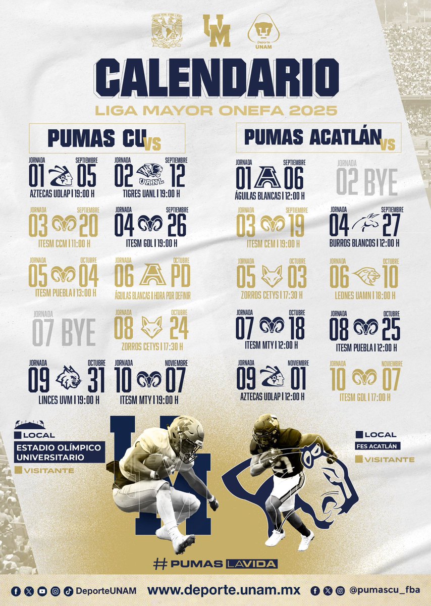 🗓️ Calendario Liga Mayor 2025 #PumasCU y #PumasAcatlán 🏈✨

#PumasLaVida #SoyDeporteUNAM