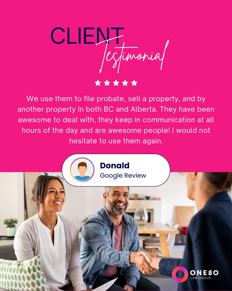 one80law's tweet photo. Across BC &amp; Alberta, we helped this client through it all—clear communication, friendly service, no stress. That’s how we do things at One80Law. https://t.co/W2gQ8a12b7