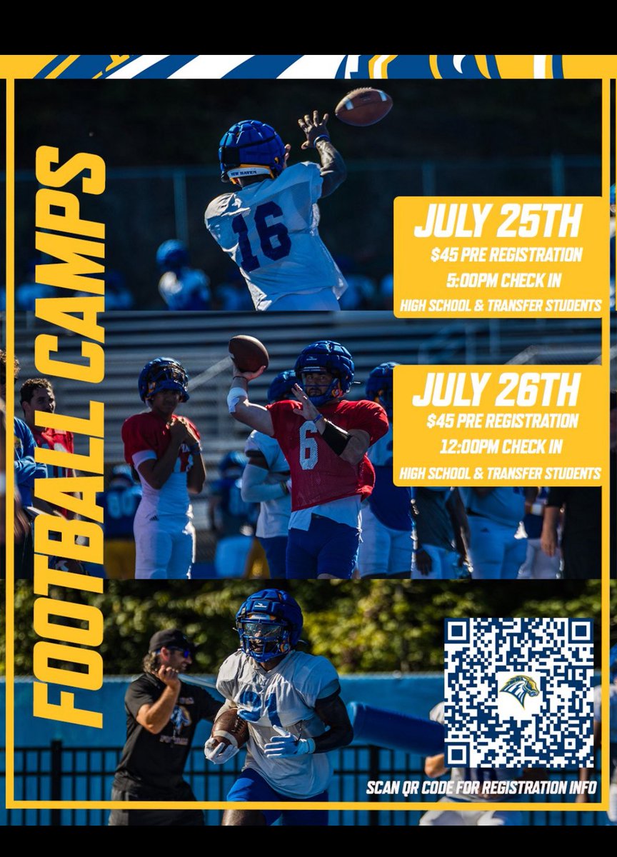 Come Camp with the Chargers 🔋

July 25th - 5:00 pm Check In 

July 26th - 12:00 pm Check In

newhavenfootballcamps.totalcamps.com/shop/EVENT