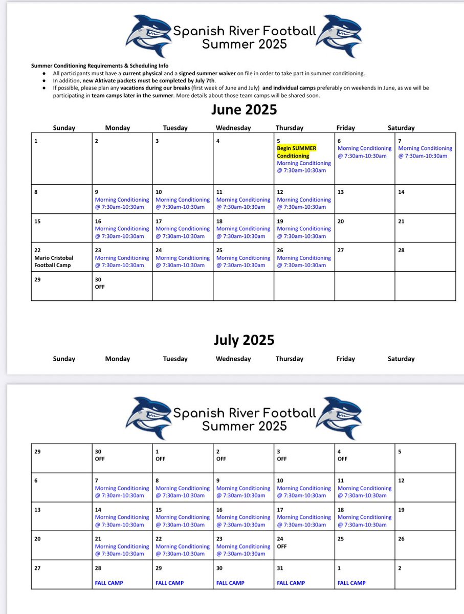 🚨🚨ATTENTION🚨🚨 9th Graders and students that are new to River! Here is our summer schedule 🦈🏈