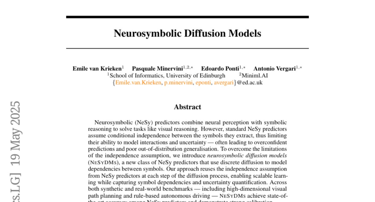 6. Neurosymbolic Diffusion Models

🔑 Keywords: Neuorsymbolic, diffusion models, dependencies, uncertainty quantification, visual reasoning  

💡 Category: Multi-Modal Learning  

🌟 Research Objective:  
- To address the limitations of standard Neurosymbolic (NeSy) predictors in