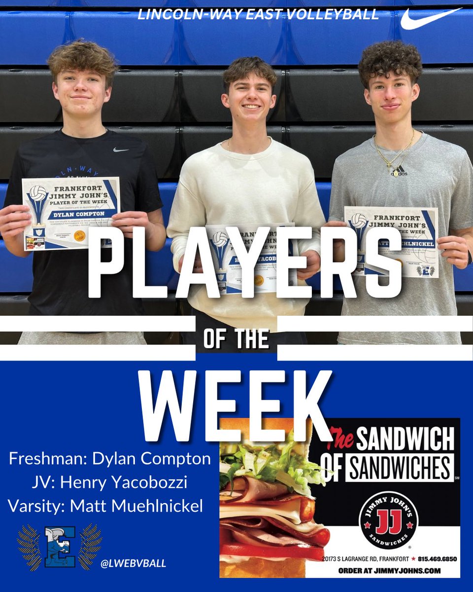 LWE Boys Volleyball (@lwebvball) on Twitter photo Congratulations to this weeks Frankfort Jimmy John's Players of the Week! Freshman-Dylan Compton, JV-Henry Yacobozzi, Varsity-Matt Muehlnickel.
Go East! Go Griffins! Go Blue!
<a href="/LWEastAthletics/">LW East Athletics</a> Congratulations to this weeks Frankfort Jimmy John's Players of the Week! Freshman-Dylan Compton, JV-Henry Yacobozzi, Varsity-Matt Muehlnickel.
Go East! Go Griffins! Go Blue!
<a href="/LWEastAthletics/">LW East Athletics</a>