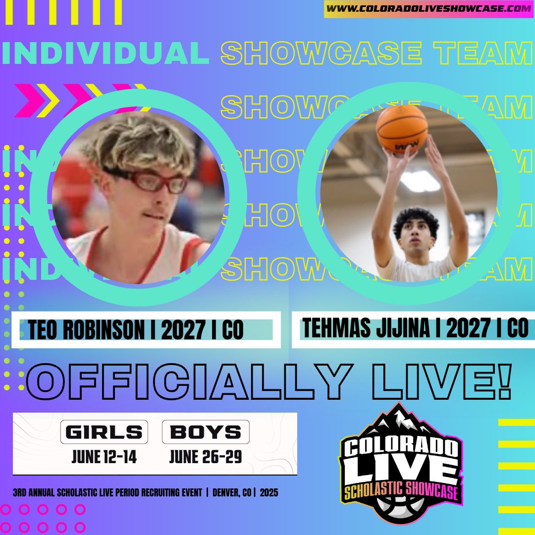 🚨OFFICIALLY LIVE‼️🏀🏔️ 

Welcome to Colorado Live Boys Individual Showcase Team!

Teo Robinson  ( 2027) 🔥
Tehmas Jijina (2027) I <a href="/Tehmasj1/">Tehmas Jijina</a> 

“Where Future ⭐️’s Make Their Name” 

📍 Denver, CO
📆 June 26-29th
⏳ Registration ends  June 6th
💻 ColoradoLiveShowcase.com