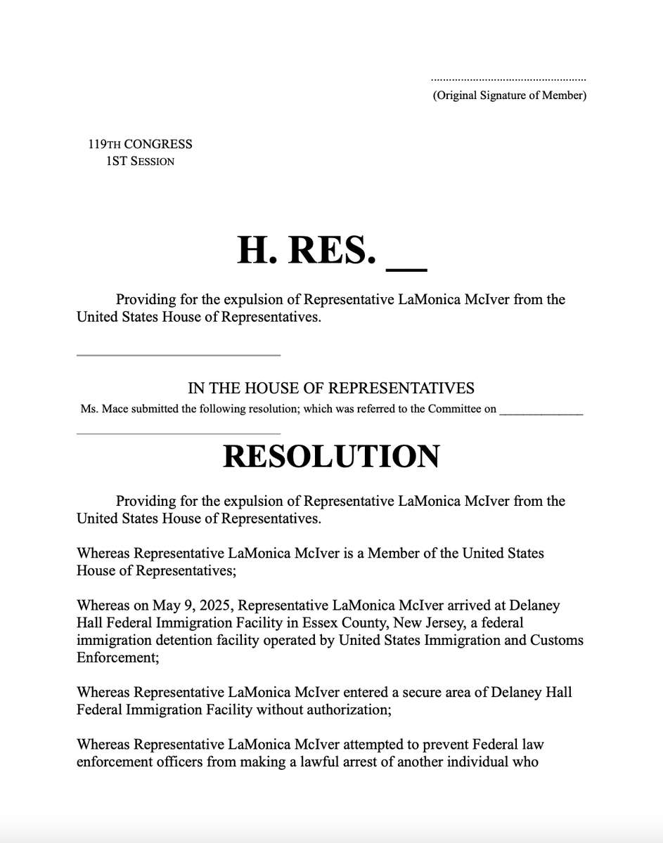 RepNancyMace's tweet image. 🚨 BREAKING: We just filed an Official Resolution to Expel Lamonica McIver from the U.S. House of Representatives.
📣 No one is above the law. Assault is a crime. The American people deserve better.