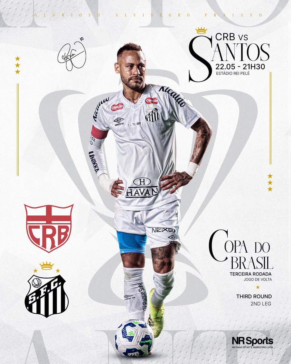 . <a href="/neymarjr/">Neymar Jr</a> volta aos gramados com o <a href="/SantosFC/">Santos FC</a> para o segundo duelo contra o CRB, nessa Copa do Brasil.
O time busca a vitória no Estádio Rei Pelé, nesta 3ª fase do torneio.
Boa sorte ao camisa 10!