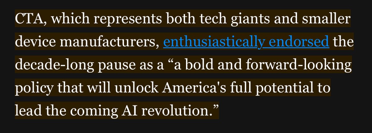 Consumer Tech Association (@ctatech) on Twitter photo Great shoutout to CTA in @Politico's Morning Tech, highlighting our support for a <a href="/HouseCommerce/">Energy and Commerce Committee</a> proposed 10-year pause on state and local level #AI legislation. Great shoutout to CTA in @Politico's Morning Tech, highlighting our support for a <a href="/HouseCommerce/">Energy and Commerce Committee</a> proposed 10-year pause on state and local level #AI legislation.