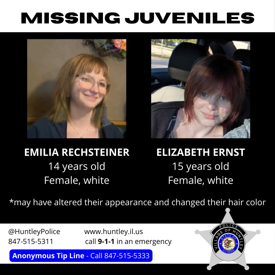 #MISSINGJUVENILES
EMILIA RECHSTEINER (f/w/14) &amp; ELIZABETH ERNST (f/w/15) were reported missing by their parents yesterday, after they did not return home from school.  They have been in communication w friends but will not disclose their location and they may have left our area.