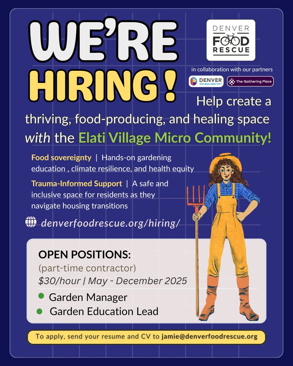 Denver Food Rescue (@denverfoodrescu) on Twitter photo 🌱🧑🌾 We're hiring an Elati Garden Manager & Education Lead ($30/hr, May-Dec 2025) to help create a healing space for LGBTQ+ individuals transitioning from homelessness. Shout-out to <a href="/TGPdenver/">The Gathering Place</a> & <a href="/CityofDenver/">City and County of Denver</a> !
Apply by June 15: DenverFoodRescue.org/hiring #DenverJobs 🌱🧑🌾 We're hiring an Elati Garden Manager & Education Lead ($30/hr, May-Dec 2025) to help create a healing space for LGBTQ+ individuals transitioning from homelessness. Shout-out to <a href="/TGPdenver/">The Gathering Place</a> & <a href="/CityofDenver/">City and County of Denver</a> !
Apply by June 15: DenverFoodRescue.org/hiring #DenverJobs