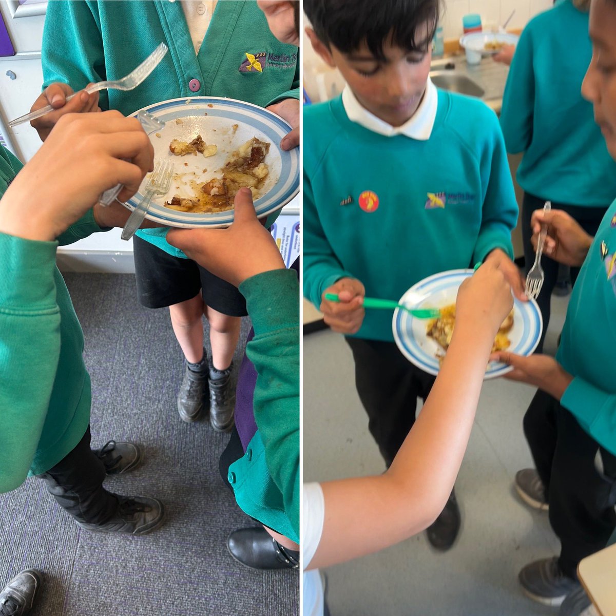 5AS had a fantastic morning at forest school. The focus was working as a team. The first task was to find the ‘treasure’ blindfolded in the forest. The second task was to transport water to the new pond without walking with the jug. To finish they made and ate roast potatoes 🌳