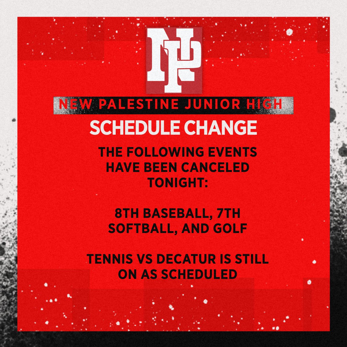 New Palestine JH Athletics (@dragonsnpjh) on Twitter photo Schedule update for tonight's events...
<a href="/AmonesNPJH/">NPJH Assistant Principal</a> <a href="/jessicaneill/">Jessica Neill</a> <a href="/NewPalCS/">New Palestine Community Schools</a> Schedule update for tonight's events...
<a href="/AmonesNPJH/">NPJH Assistant Principal</a> <a href="/jessicaneill/">Jessica Neill</a> <a href="/NewPalCS/">New Palestine Community Schools</a>