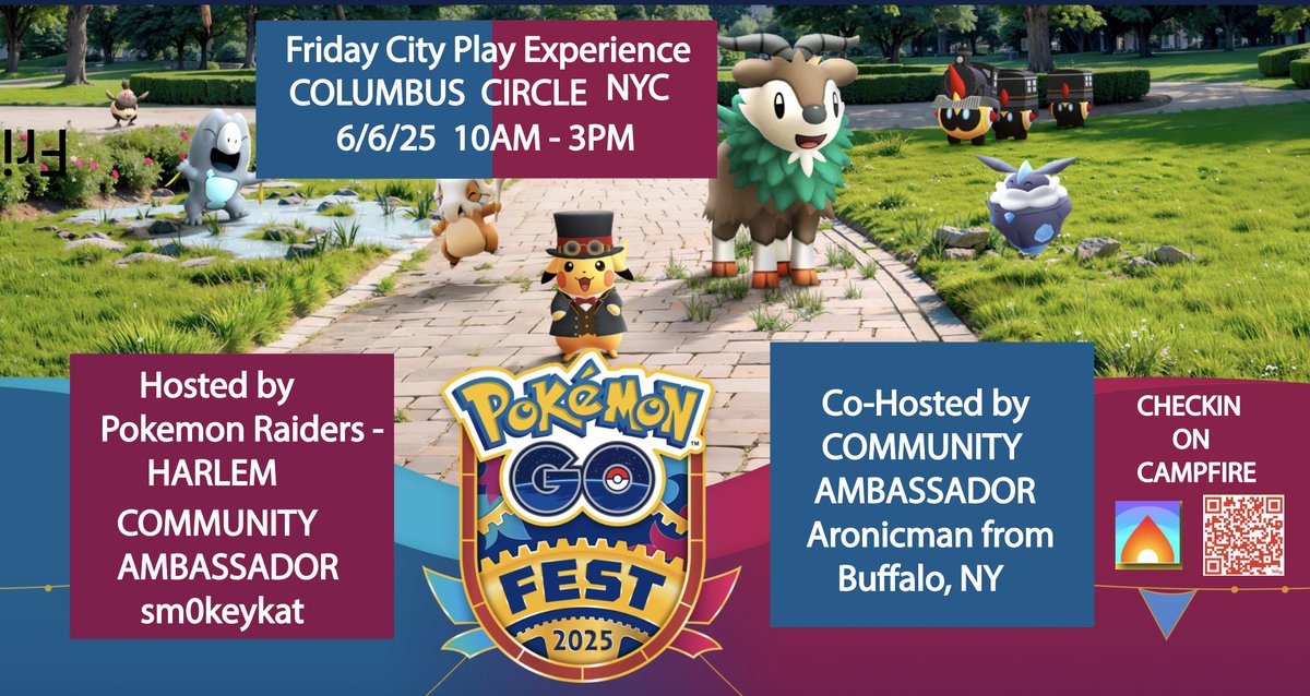 Join trainers from all over and RAID CATCH &amp; TRADE ON Friday City Play Experience meetup @ Columbus Circle, NYC .  Meet in front of C. Columbus statue. 10A-3PM
June 6, 2025.