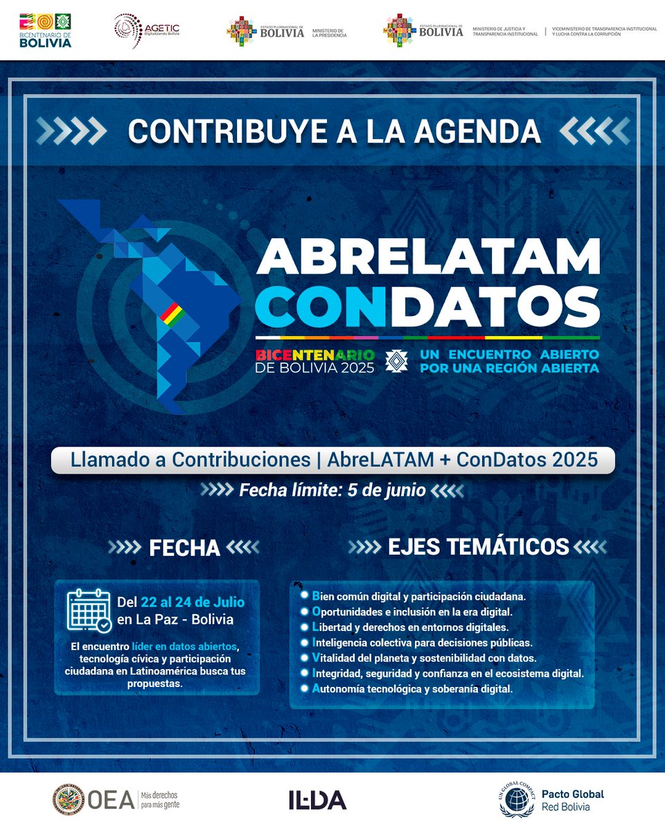 📣 Llamado a Contribuciones | AbreLATAM + ConDatos 2025

El encuentro líder en datos abiertos, tecnología cívica y participación ciudadana en Latinoamérica busca tus propuestas.

📅 Fecha límite: 5 de junio

📌 Envía tu propuesta: 2025.abrelatam.org/registro/sesio…