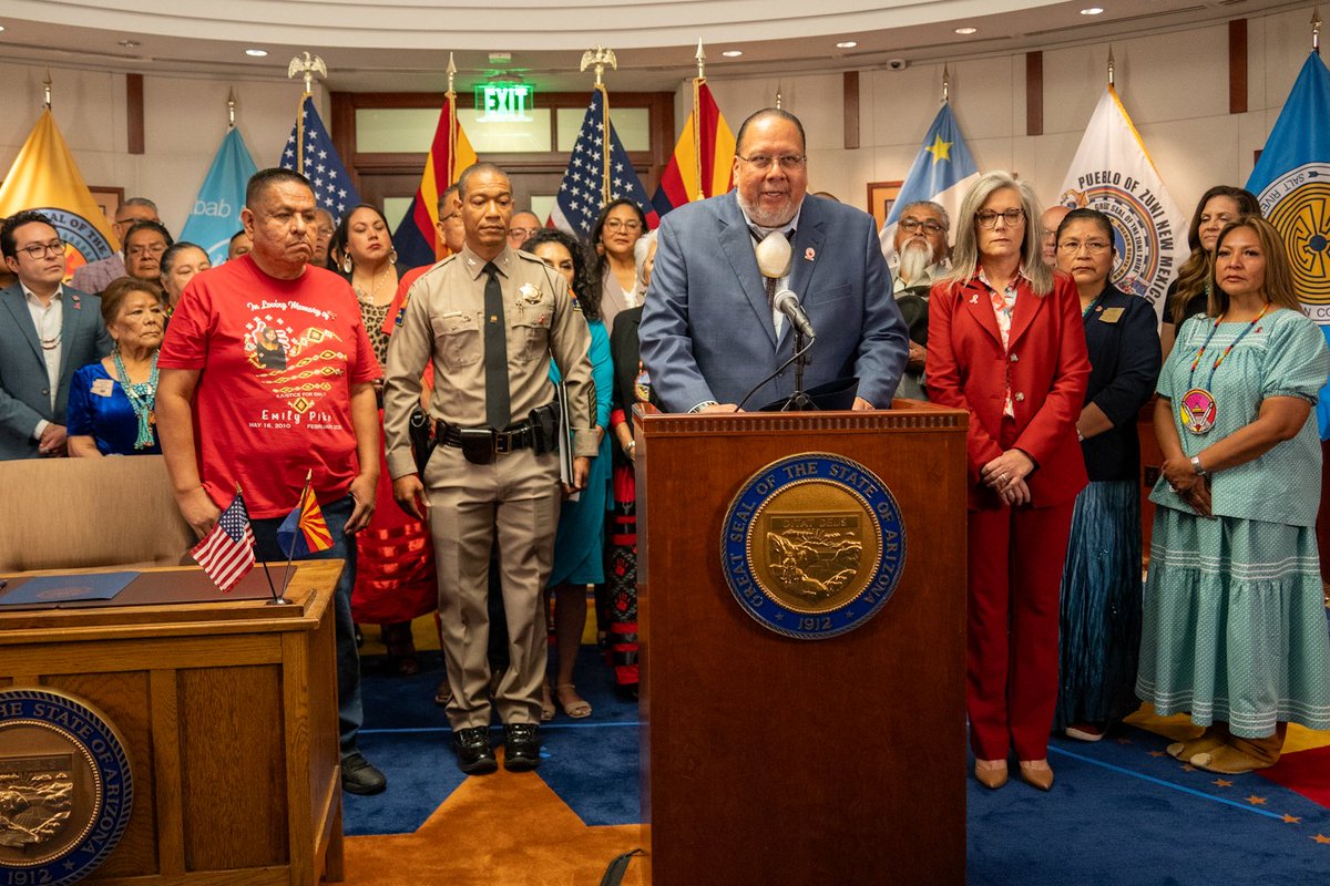 Gila River Indian Community Gov. Stephen Roe Lewis joined Arizona Gov. Katie Hobbs, fellow Tribal leaders, &amp; law enforcement for the signing of H.B. 2281 “Emily’s Law”, named after Emily Pike, establishing the Turquoise Alert system for missing and endangered Indigenous peoples.